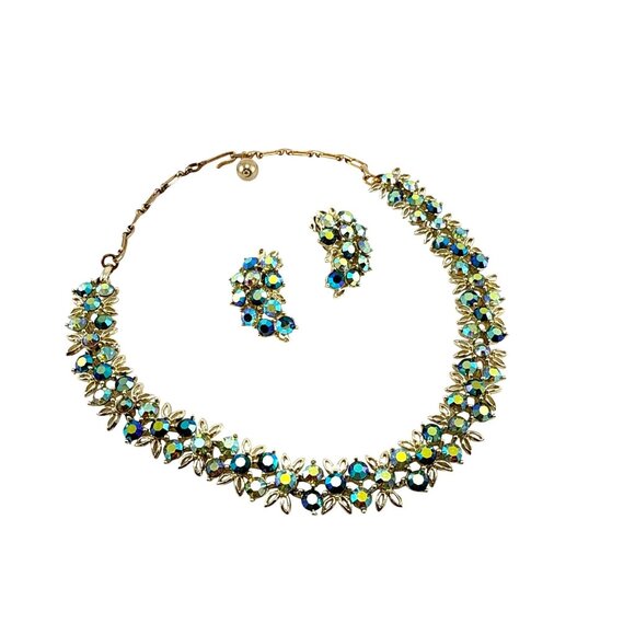 Vintage Aurora Borealis Rhinestone Necklace & Earrings Set Gold Tone Floral Clus - Picture 1 of 14